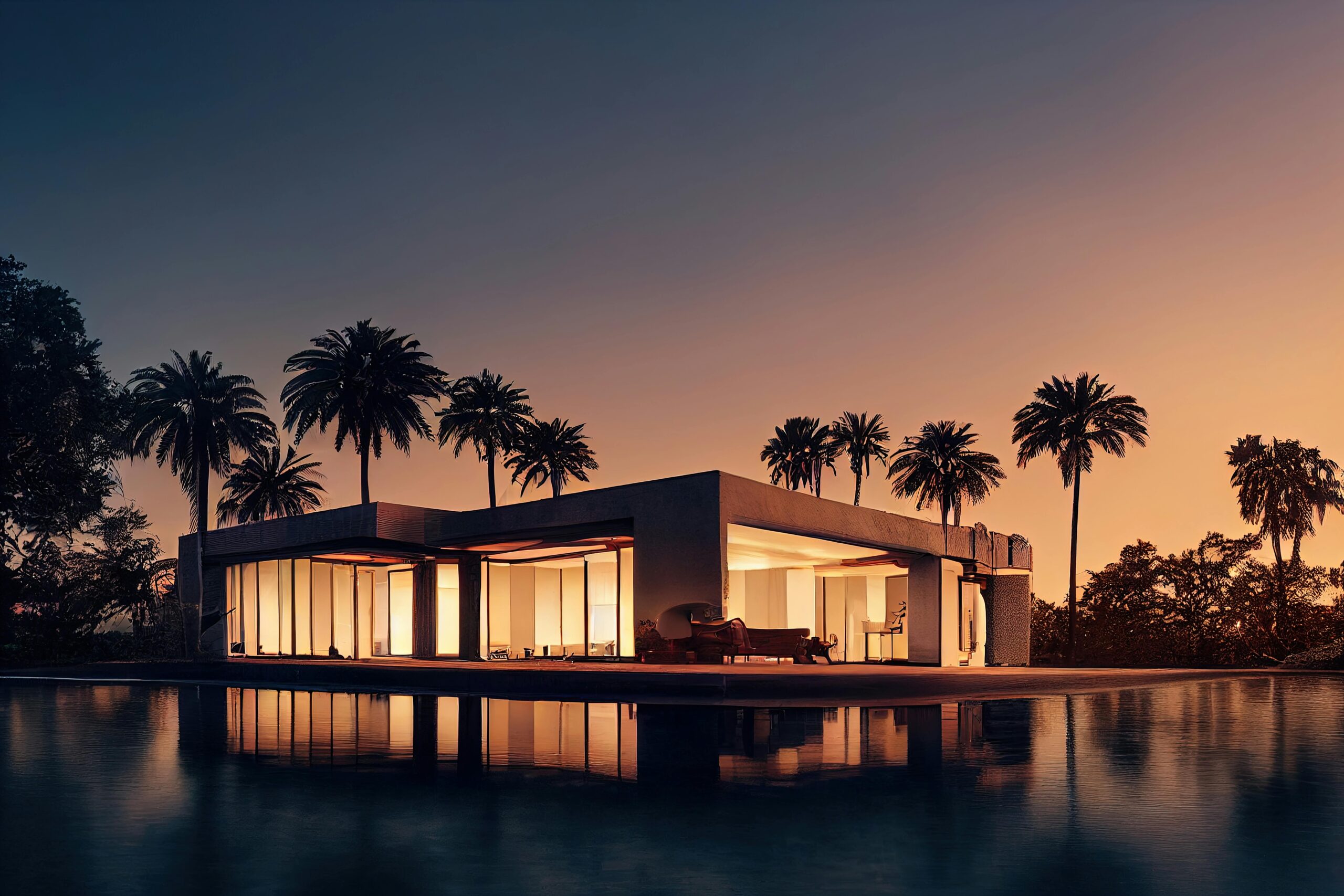 A stunning modern villa surrounded by palm trees with a reflection in the swimming pool during sunset.